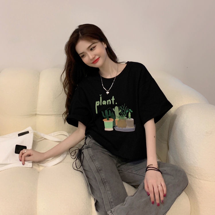 Áo Thun Tay Ngắn Cổ Tròn Dáng Rộng In Họa Tiết Dễ Thương Phong Cách Hàn Quốc