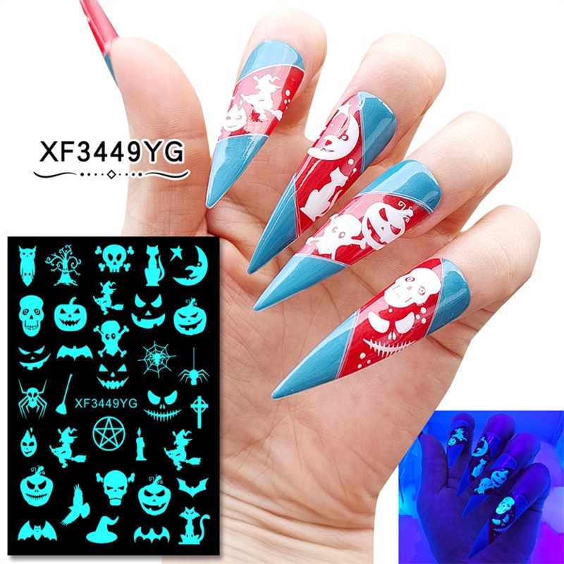 Set 12 Tấm Hình Dán Móng Tay Dạ Quang Chủ Đề Halloween Độc Đáo