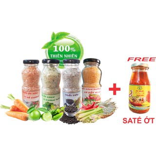 Combo 4 Hũ Muối ớt tôm vị xả chanh, Muối dinh dưỡng vị cà rốt, Muối tiêu, Muối ớt xanh vị chanh tươi 180gr +1 hũ satế ớt