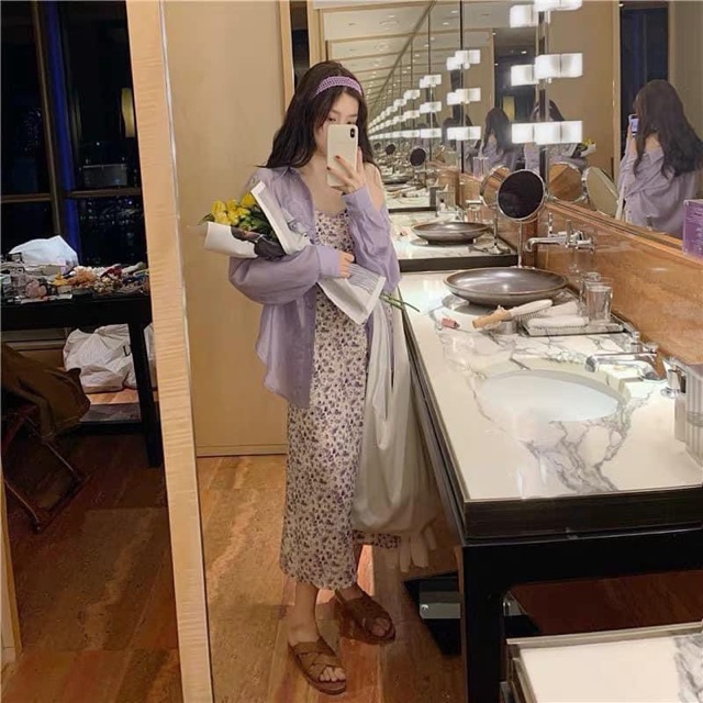 Set váy hoa nhí mix áo sơ mi tím