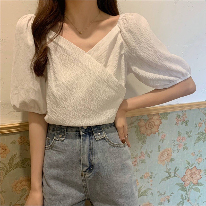 Áo sơ mi cổ chéo tay bồng không nhăn đi học đi làm | BigBuy360 - bigbuy360.vn