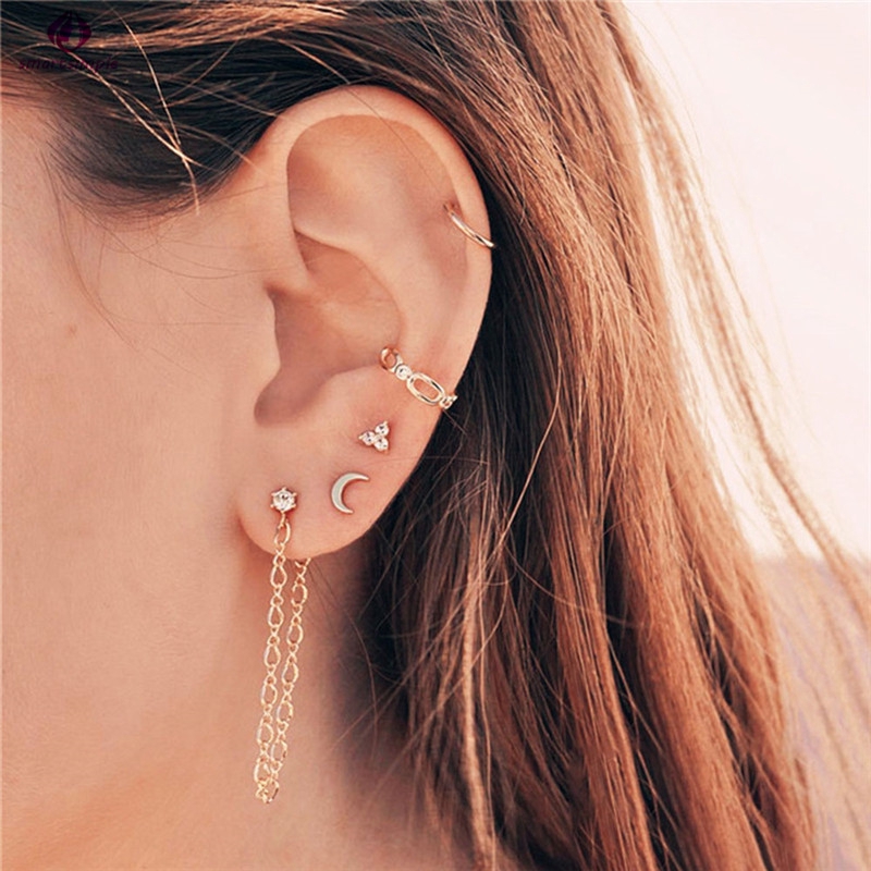 Set 5 Khuyên Tai Hình Mặt Trăng Tròn Đính Đá Zircon Sáng Tạo