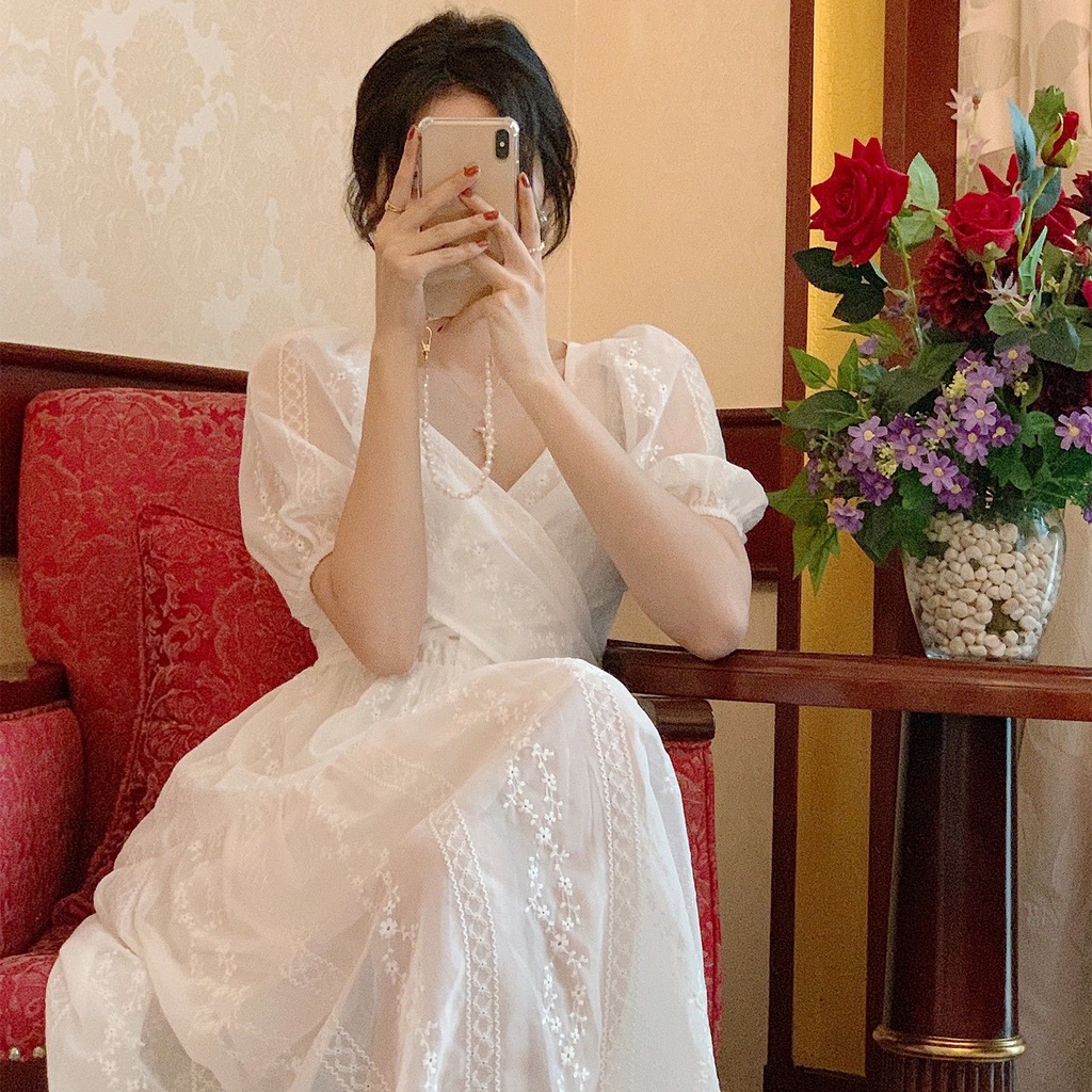 2023 Đầm midi Dài Tay Ngắn Phồng Cổ Chữ V Thêu Họa Tiết Hoa Phong Cách Hiện Đại Thời Trang Mùa Hè Mới Cho Nữ