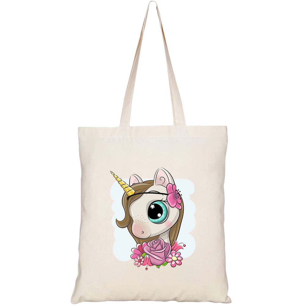 Túi vải tote canvas HTFashion in hình cute cartoon unicorn flowerson blue HT339