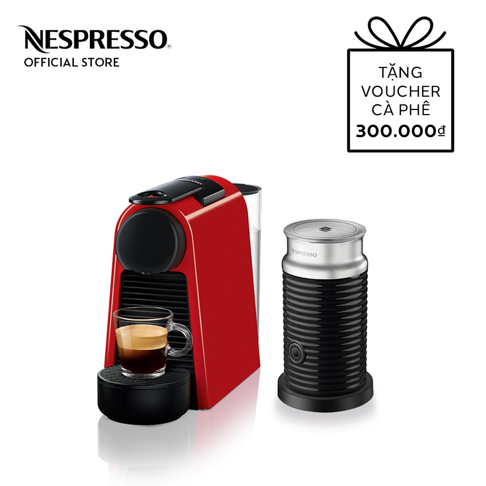 Bộ máy pha cà phê Nespresso Essenza Mini - Đỏ &amp; máy đánh sữa Aeroccino 3