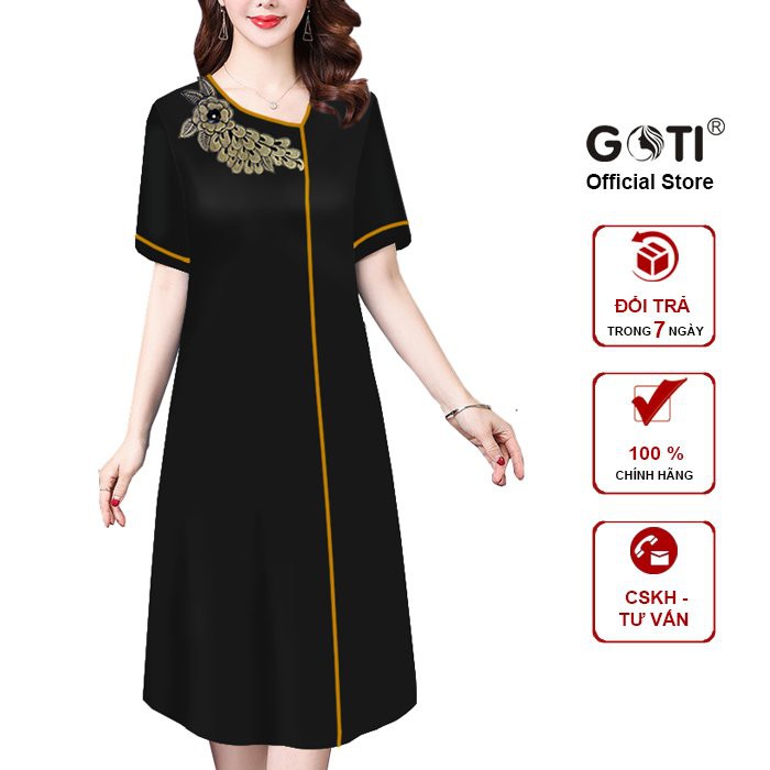 GOTI - Đầm Trung Niên Suông Bigsize Vải Lụa Tay Ngắn Váy Dài Qua Gối Nhiều Size Cho Người Mập 3333 3334