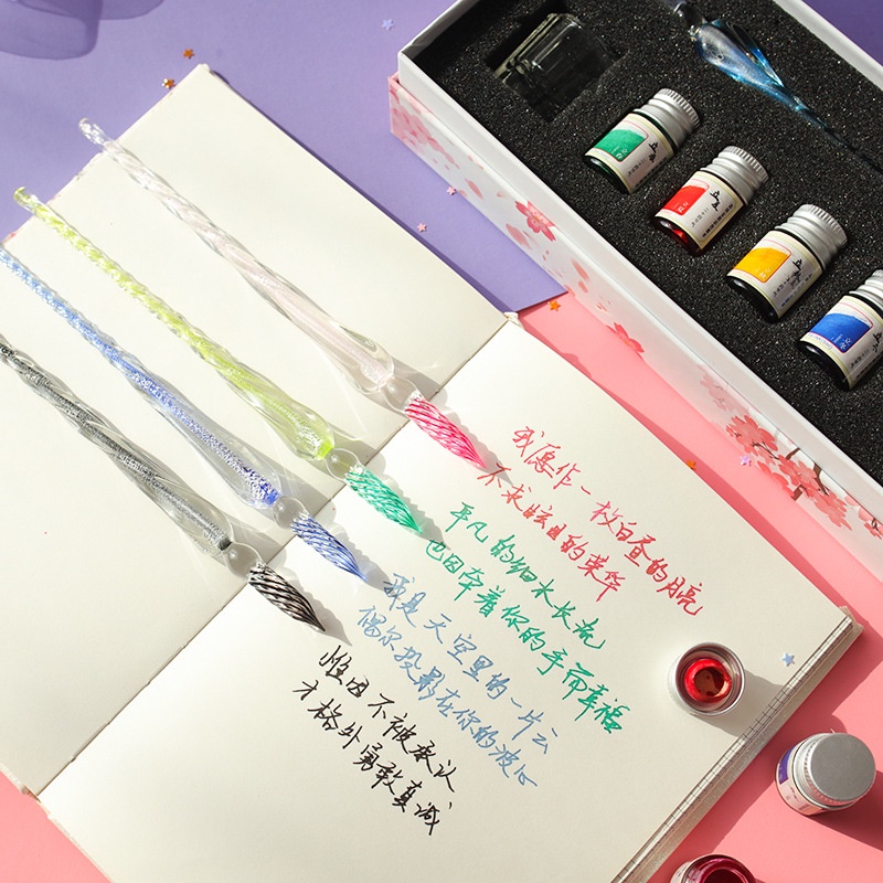 Bộ Bút Máy Chấm Mực Bằng Thủy Tinh Pha Lê Thời Trang Dùng Làm Quà Tặng Cho Học Sinh