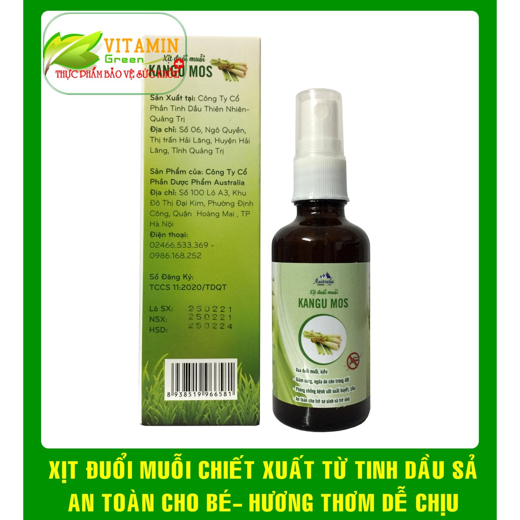 XỊT ĐUỔI MUỖI VÀ CÔN TRÙNG KANGU MOS CHIẾT XUẤT TỪ TINH DẦU SẢ, TINH DẦU THIÊN NHIÊN (50ml)