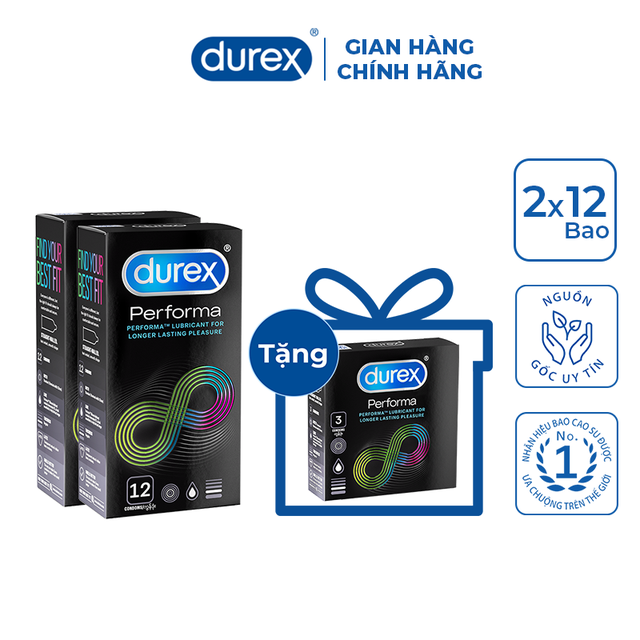 Bộ 2 hộp bao cao su Durex Performa (12 bao/hộp) + Tặng 1 hộp bao cao su Durex Performa 3 bao