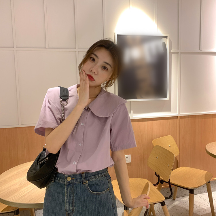 Áo Sơ Mi Ngắn Tay Cổ Chữ V Màu Trơn Xinh Xắn Dành Cho Nữ 34579