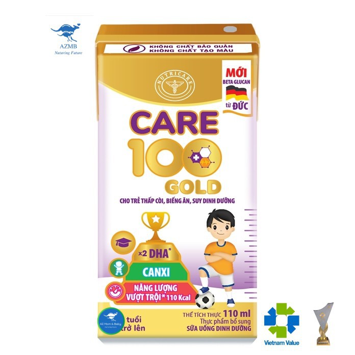 Thùng sữa nước pha sẵn Nutricare Care 100 Gold - cho trẻ thấp còi biếng ăn suy dinh dưỡng (110ml x 48 hộp)