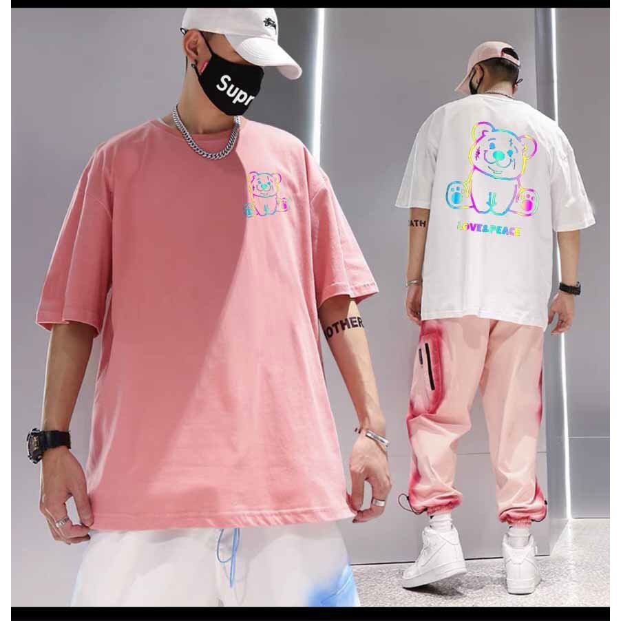 Áo thun phản quang tay lỡ nam nữ vải cotton - gấu