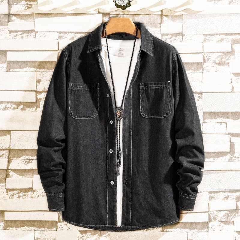 Mùa xuân và mùa thu Áo sơ mi denim đen nam dài tay Hàn Quốc Slim Hợp thời trang đẹp trai Áo sơ mi retro Nhật Bản | BigBuy360 - bigbuy360.vn