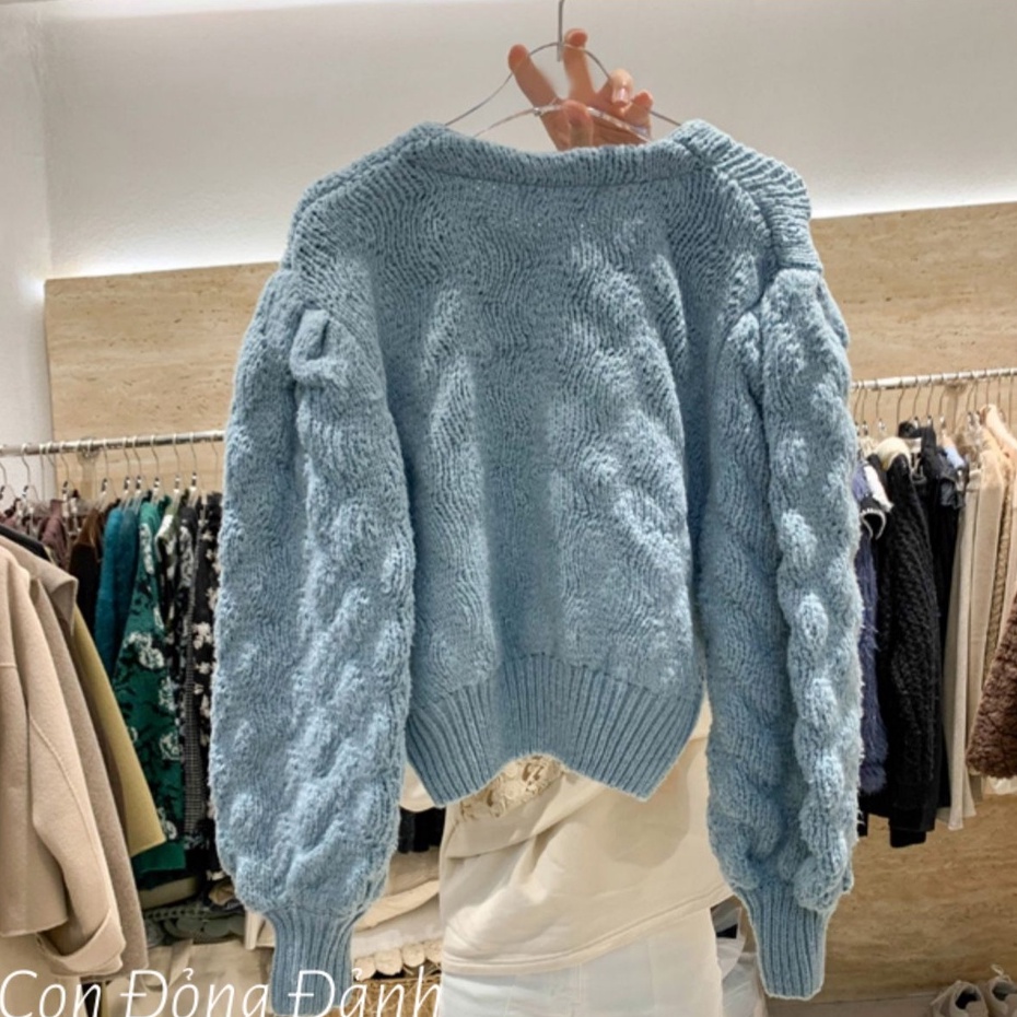 Áo len cúc hoa cổ tròn tay bồng nhẹ xinh Hàn Quốc móc thủ công sợi thưa Quảng Châu AO020