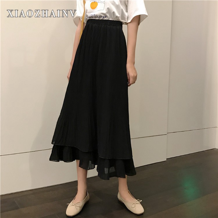 Xiaozhainv Chân váy midi xếp ly lưng cao dáng rộng thời trang xinh xắn cho nữ