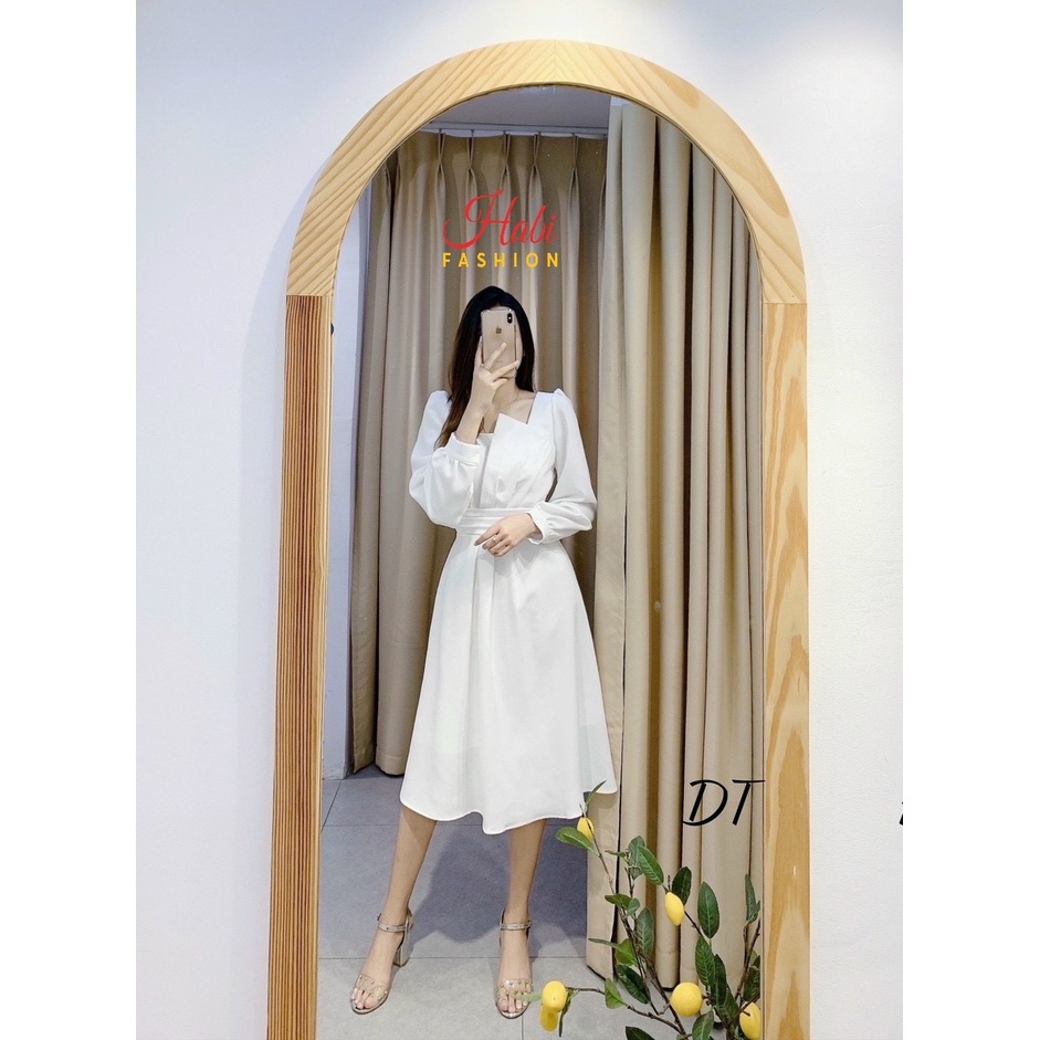 Váy dài tay dáng xòe xếp ly eo cổ vuông cực xinh_Váy Bạch Tuyết tay dài_Habi Fashion