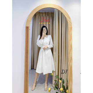 Váy dài tay dáng xòe xếp ly eo cổ vuông cực xinh_Váy Bạch Tuyết tay dài_Habi Fashion