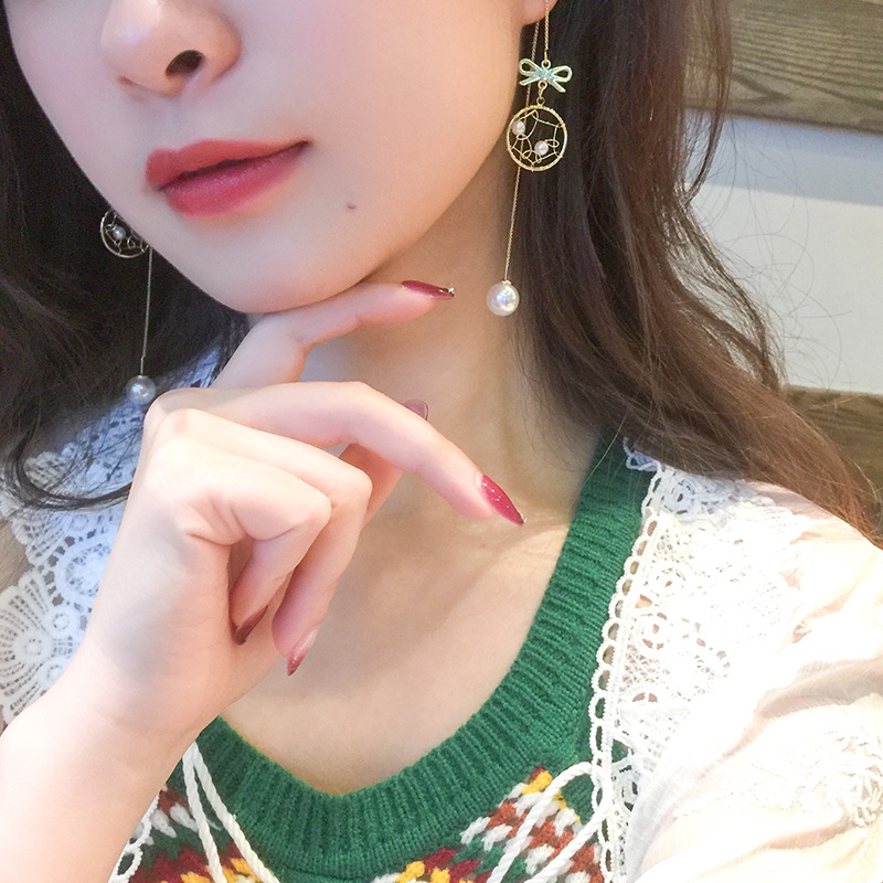 Hoa Tai Dáng Dài Đính Ngọc Trai Nhân Tạo Phối Nơ Phong Cách Hàn Quốc Cho Nữ