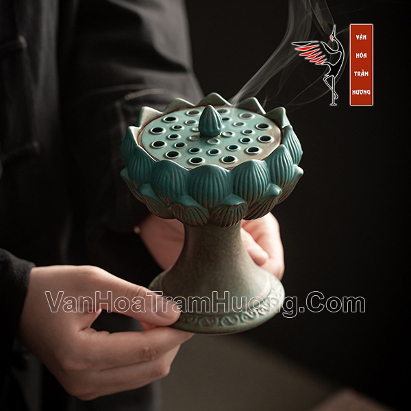 Lư Xông Trầm Hương Đỉnh Đốt Trầm Đài Sen Chất Liệu Gốm Sứ