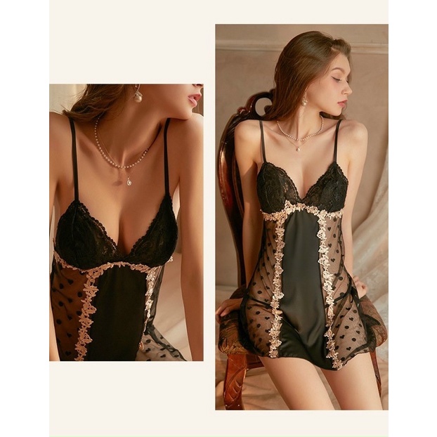 VÁY NGỦ LỤA PHA REN CHẤM BI XUYÊN THẤU BIG SIZE/ CÓ MÚT NGỰC SIÊU XỊN