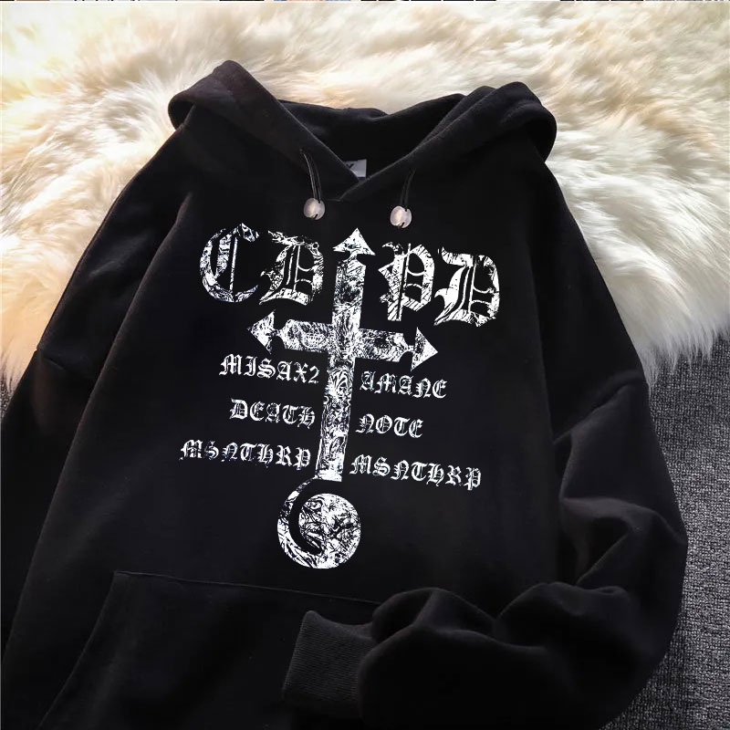 Áo hoodie oversize dài tay họa tiết thánh giá và chữ phong cách Death Note gothic thời trang đường phố