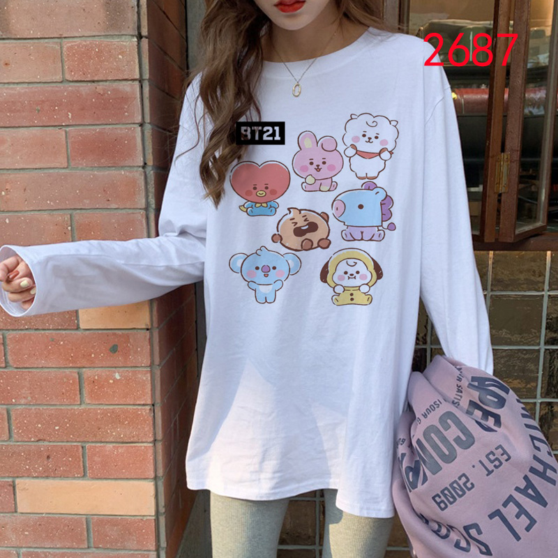 Bangtan Boys Harajuku Long Áo  bt21 T Shirt Kpop Funny Cartoon Graphic  Áo sơ mi  V RM JIN JUNGKOOK JIMIN  J-HOPE SUGA Top Tees  bts