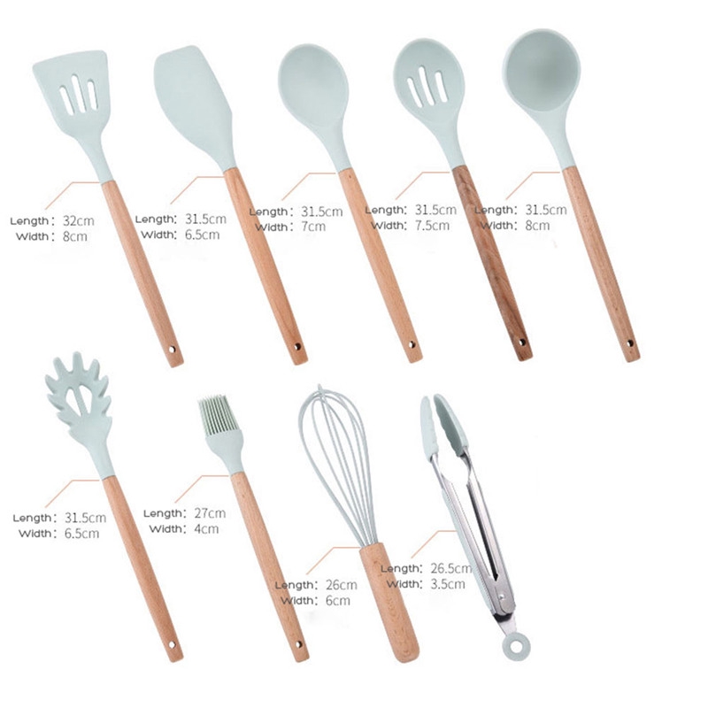 NA| Silicone Kitchen Cooking Utensils Natural Wood Handle Cooking Tools Turner Tongs Spatula Spoon with Organizer - Blue
