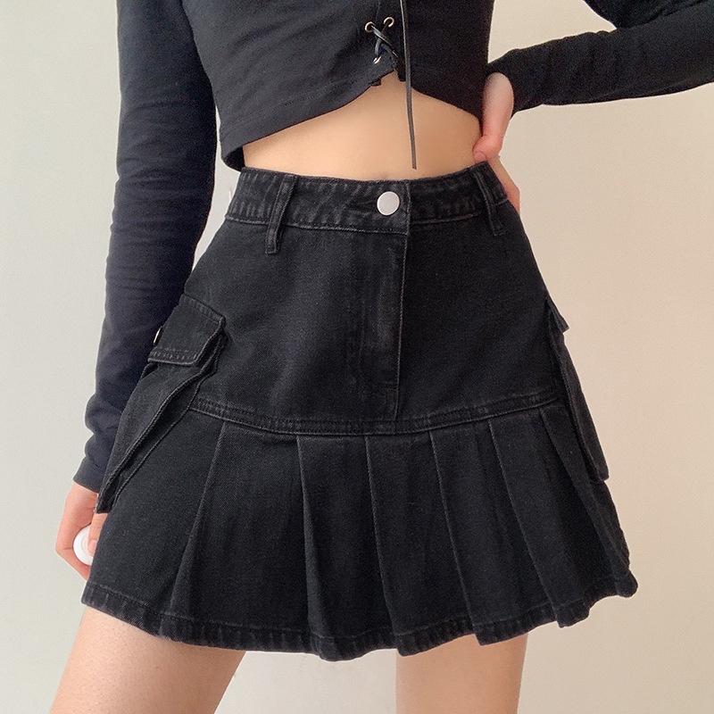 Women Fashion High Waist Ruffle Hem Skirt，Female Stylish Denim Skirt