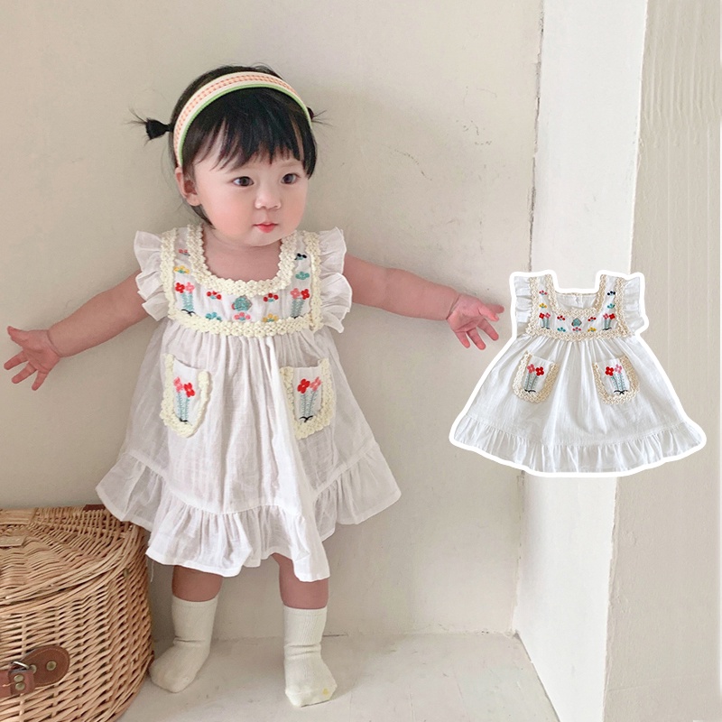 Đầm công chúa cotton thêu ren không tay thời trang hè cho bé gái 0-3 tuổi