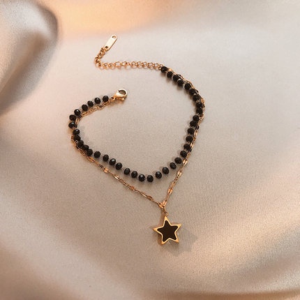❖☍Vòng tay hai lớp bằng thép titan màu vàng hồng 18K mặt hình ngôi sao năm cánh đính pha lê đen kiểu Hàn cho nữ