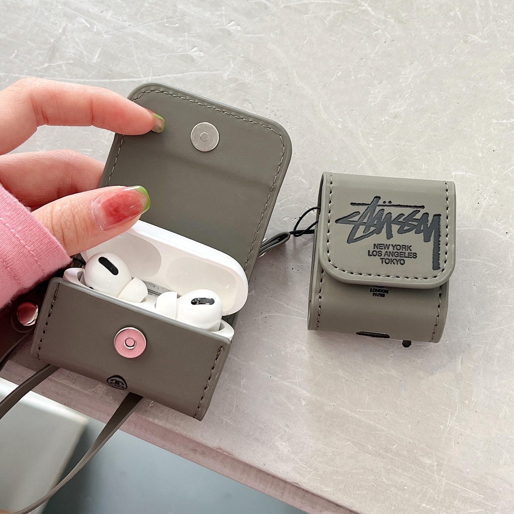 Vỏ Bảo Vệ Hộp Sạc Tai Nghe AirPods3 / 3 / 2 Bằng Da In Logo Stussy Màu Xanh Dương Thờ