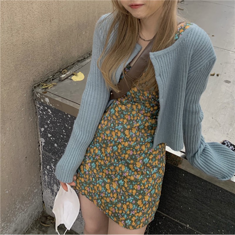 [ CÓ SẴN ] Set đầm hoa Ferrax dáng suông + áo khoác Cardigan xanh | BigBuy360 - bigbuy360.vn