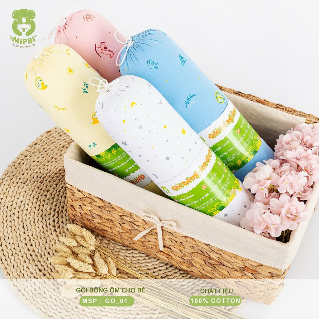 Gối bông ôm cho bé Mipbi dài 50cm 100% cotton, vỏ gối giặt được