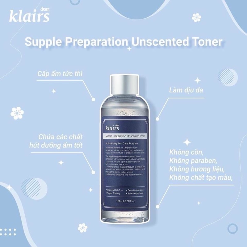 Nước hoa hồng Dưỡng Ẩm Da Không Mùi Klairs Supple Preparation Unscented Toner 180ml