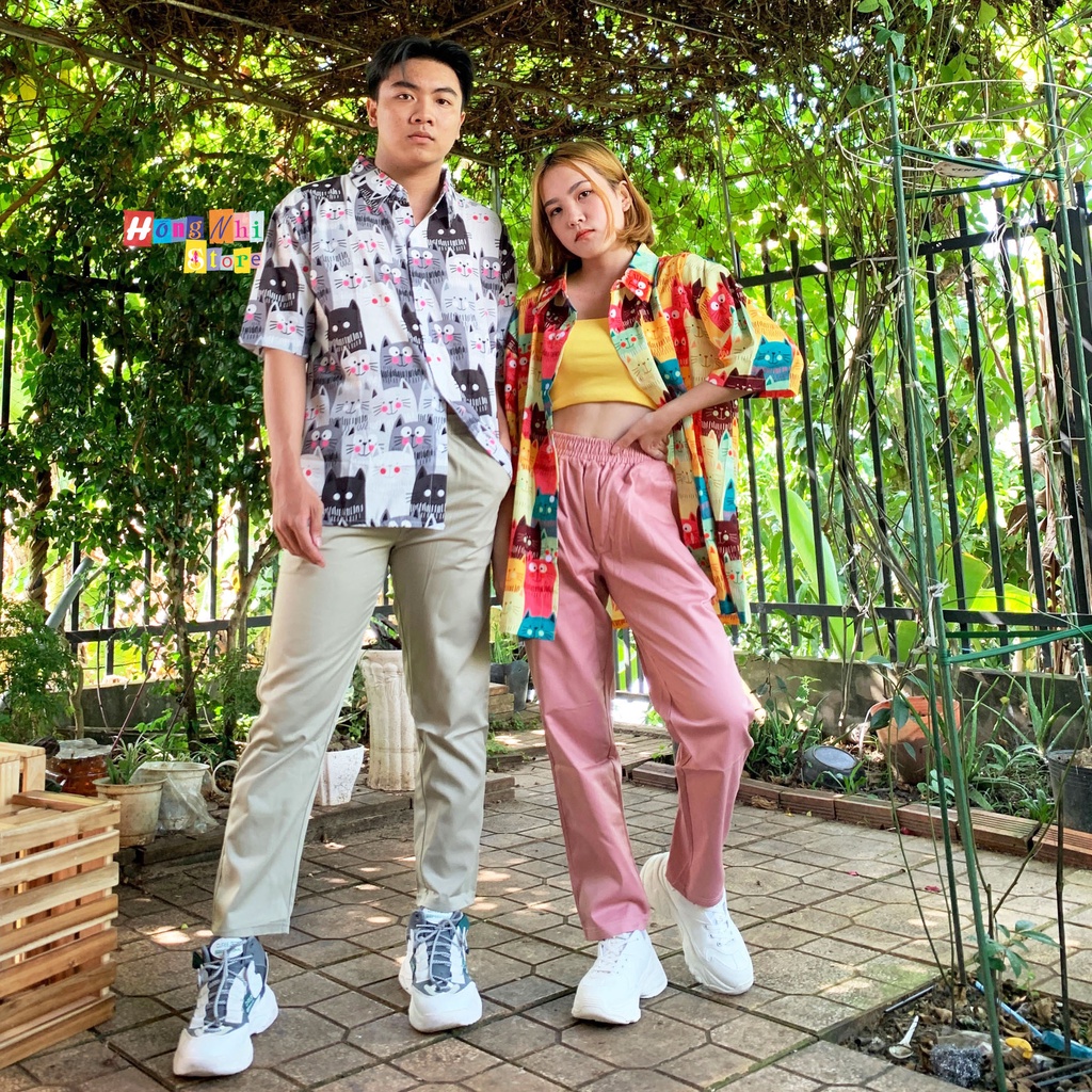 Áo Sơ Mi Họa Tiết Con Mèo May Mắn Tay Lỡ Dáng Rộng Ulzzang Unisex, Sơ Mi Đi Biển - MM