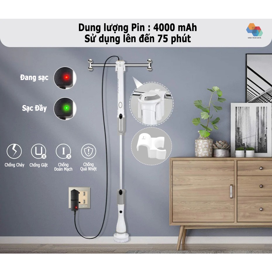 Máy Chà Nhà Vệ Sinh Jesopb K129, Chổi Cọ Bồn Cầu Đa Năng, Chùi Lau Sàn Nhà Không Dây, Pin 4000mAh, 75 phút sạc sử dụng