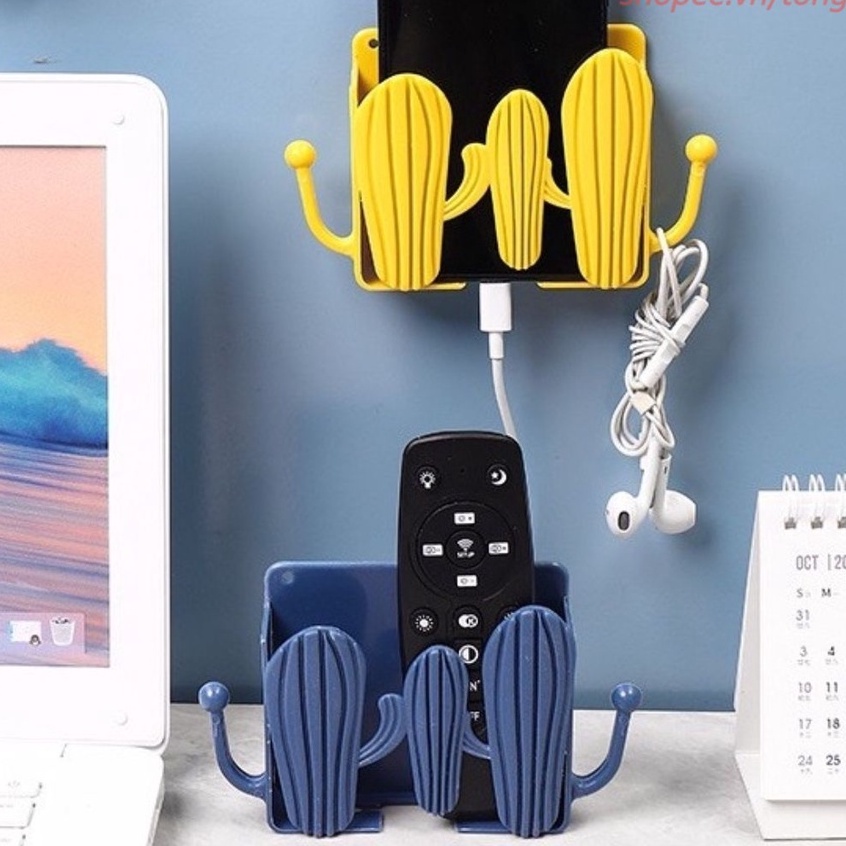 Kệ Dán Tường Có Tai Để Remote Hình Cây Xương Rồng, Đồ Dùng / Giá Đỡ Sạc Điện Thoại - Có Móc Treo Chìa Khóa #kedantuong
