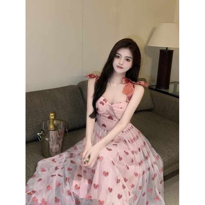 Đầm 2 dây lưới hồng trái tim cột nơ vai công chúa ulzzang