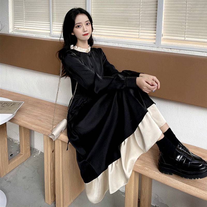Váy mùa đông cho nữ váy dài Váy babydoll Đầm Nữ Giả Hai Mảnh Eo Hẹp Phong Cách Preppy Thời Trang Mùa Thu Kiểu Mới