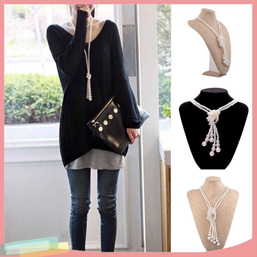 [LK] - 2 Vòng Cổ Dài Thắt Nút Giả Ngọc Trai Hai Lớp Cho Nữ