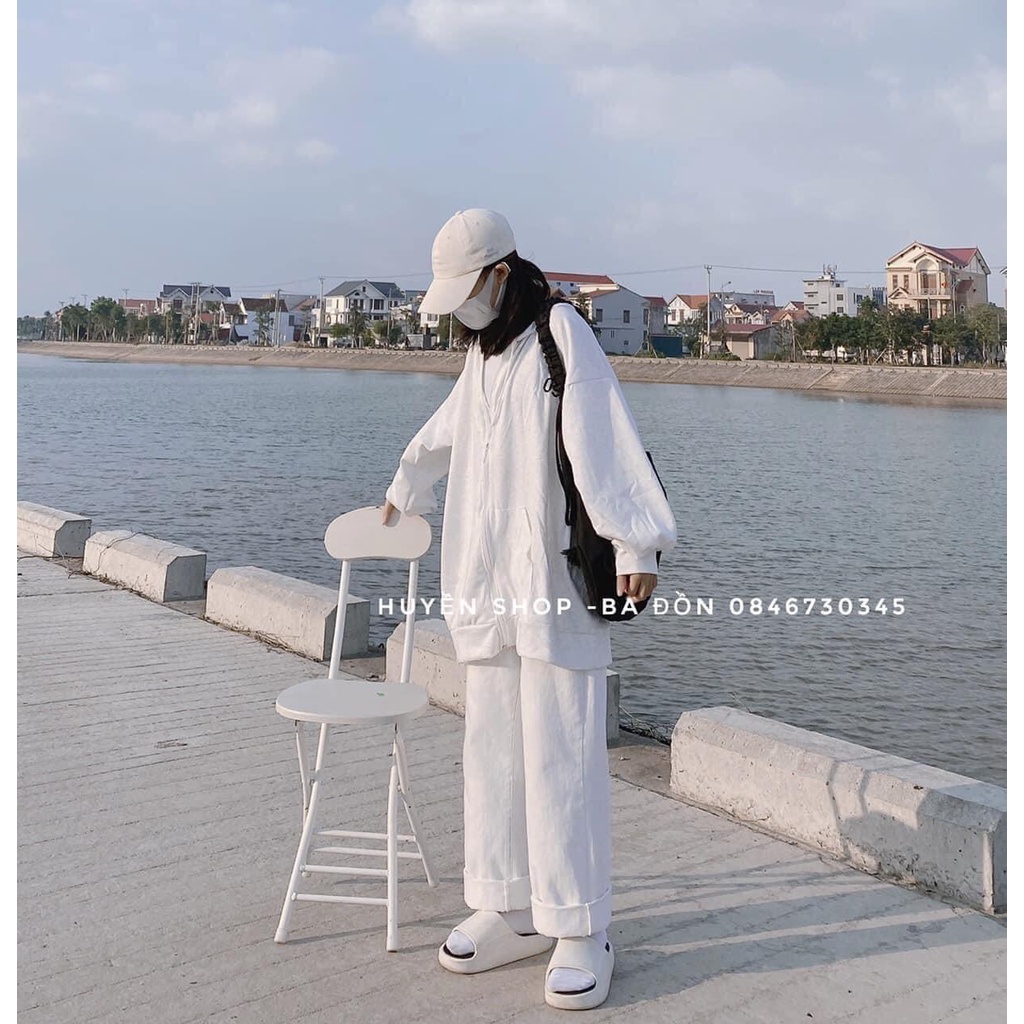 Áo khoác hoodie zip thêu số 05 - áo khoác chất nỉ ngoại, tay bồng form rộng, 2 màu ghi sáng - hồng