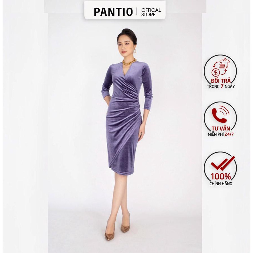 FDC93286 - Đầm công sở chất liệu vải nhung dáng ôm body cổ chữ V, tà chồng xếp ly - PANTIO