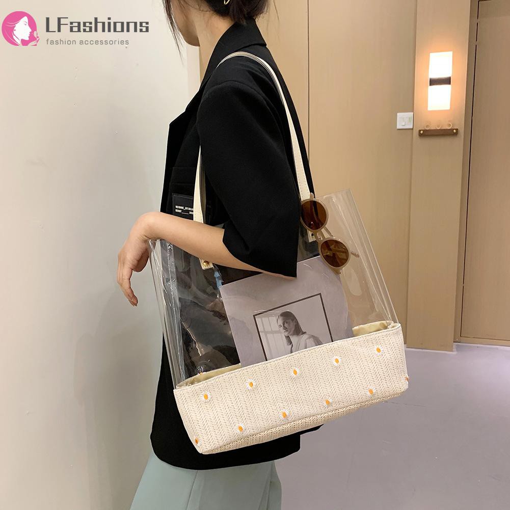 Fashion Women Woven Patchwork Daisy Shoulder Bag Summer Clear Tote Handbags