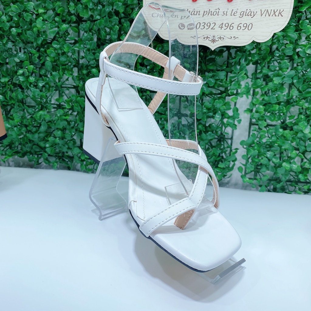 Sandal cao gót 7 phân đế vuông Thiên Hương VNXK BP43G37 Giày cao gót nữ 7p cm xỏ ngón quai chéo 3 màu nâu trắng đen