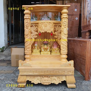 Bàn thờ thần tài ông địa gỗ thông màu nguyên gỗ ngang 60cm rất đẹp