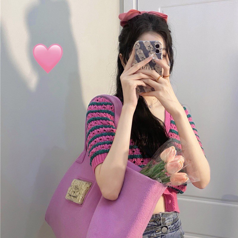 Áo Khoác Cardigan Dệt Kim Kẻ Sọc Màu Hồng Tương Phản Phong Cách Hàn Quốc