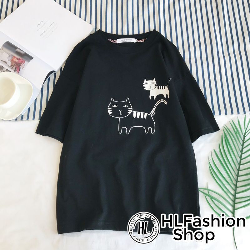 Áo thun tay lỡ form rộng 2 chú mèo ngây ngô, áo phông form rộng size HLFashion