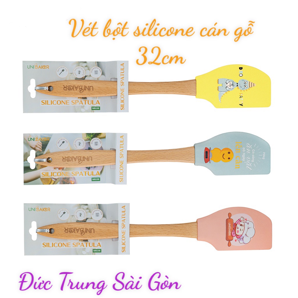 Vét Bột, Phới Silicone Cán Gỗ UNIBER 32cm. Chịu nhiệt -40*-220*c.