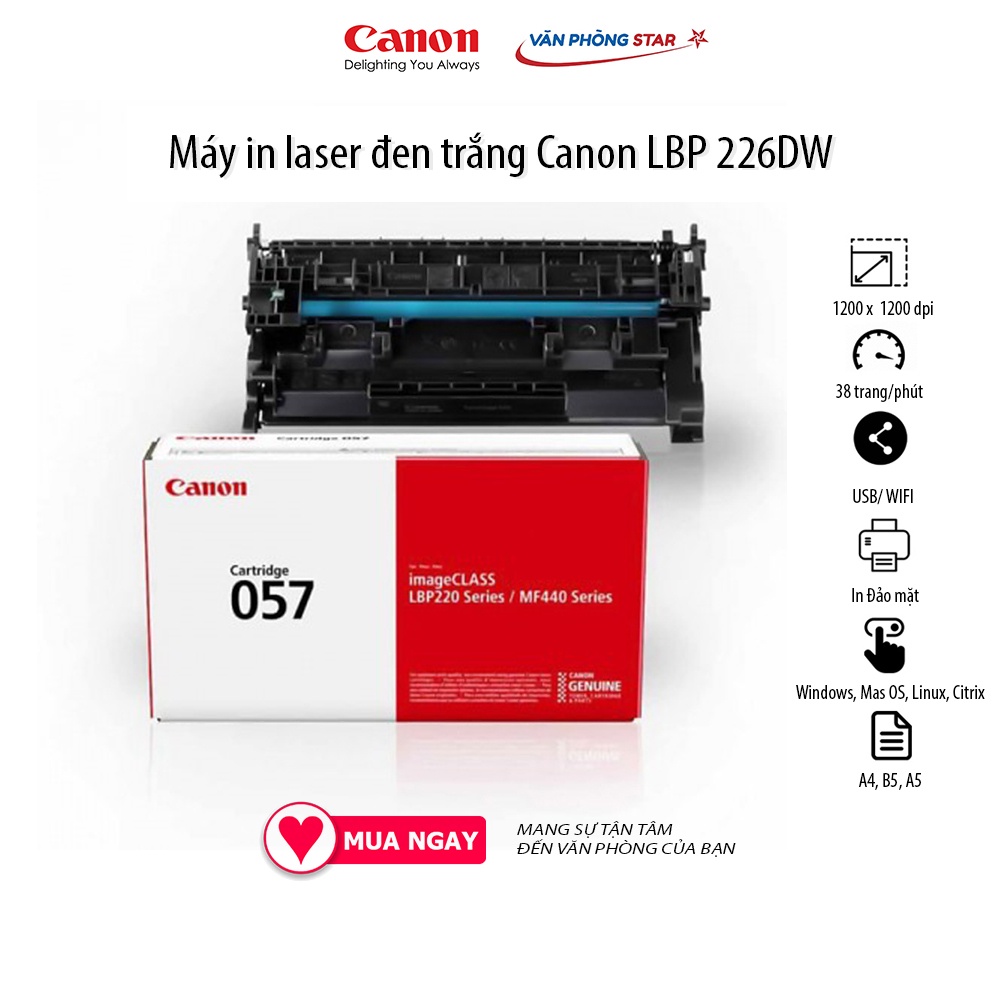 Máy in laser đen trắng Canon LBP 226DW mới 100% tốc độ 38 trang/phút độ phân giải 1200 x 1200 tại Vanphongstar chính hãn