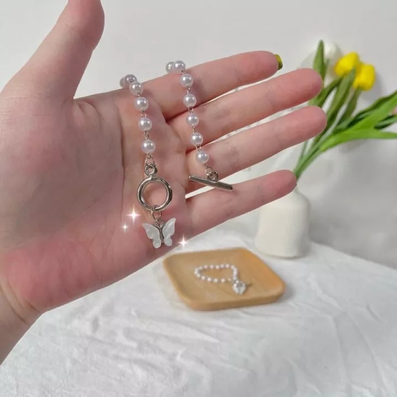 Vòng Tay Bạc Đính Hạt Ngọc Trai Và Bướm Thời Trang Hàn Quốc Ngọt Ngào Cho Nữ